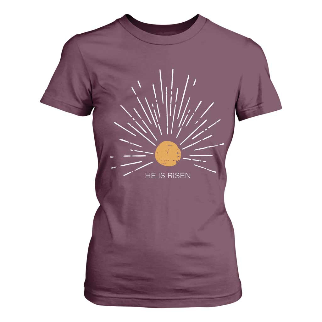 He Is Risen T Shirt For Women Sunburst Vintage Jesus Religious Easter Day Christians TS10 Maroon Print Your Wear