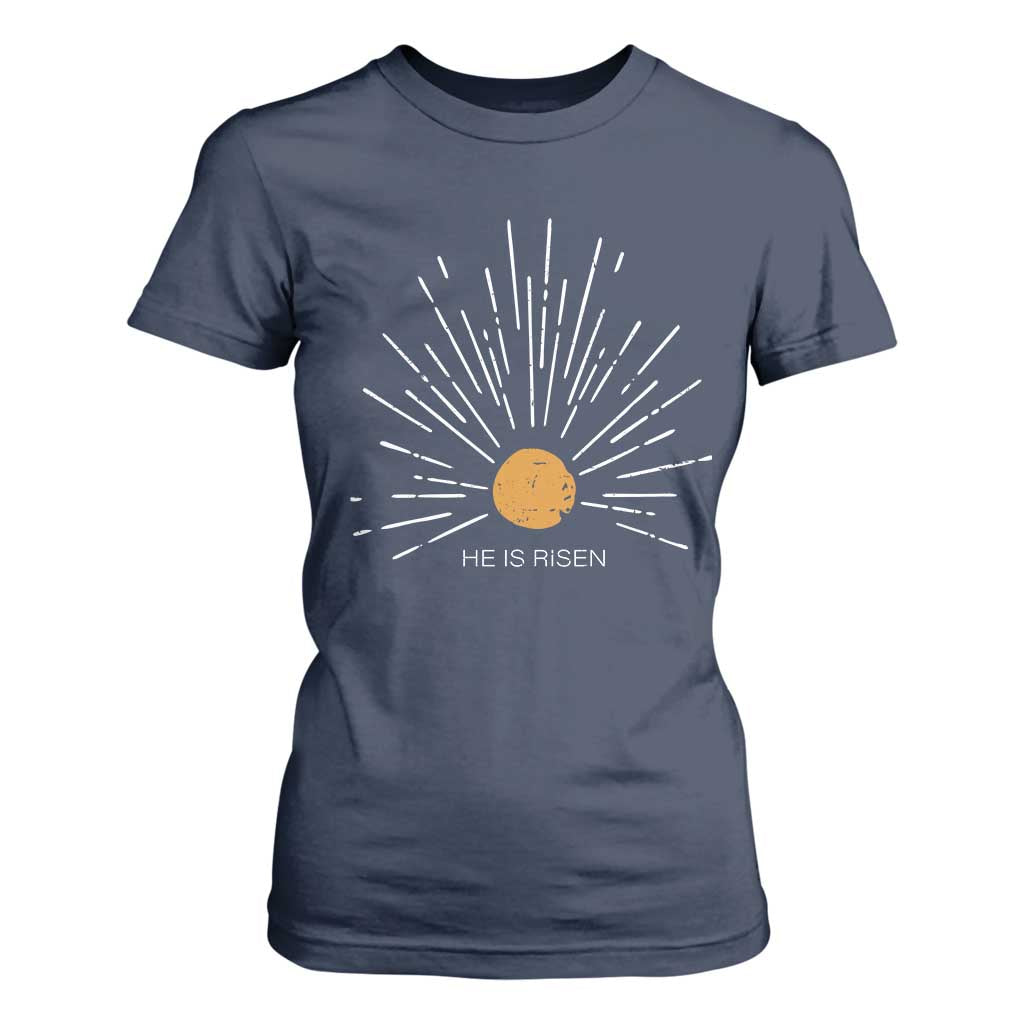 He Is Risen T Shirt For Women Sunburst Vintage Jesus Religious Easter Day Christians TS10 Navy Print Your Wear