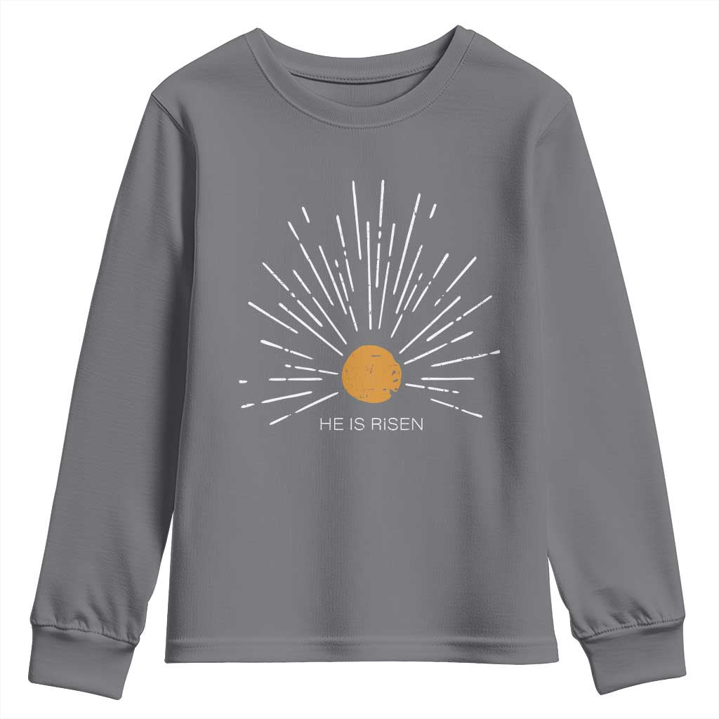 He Is Risen Youth Sweatshirt Sunburst Vintage Jesus Religious Easter Day Christians TS10 Charcoal Print Your Wear