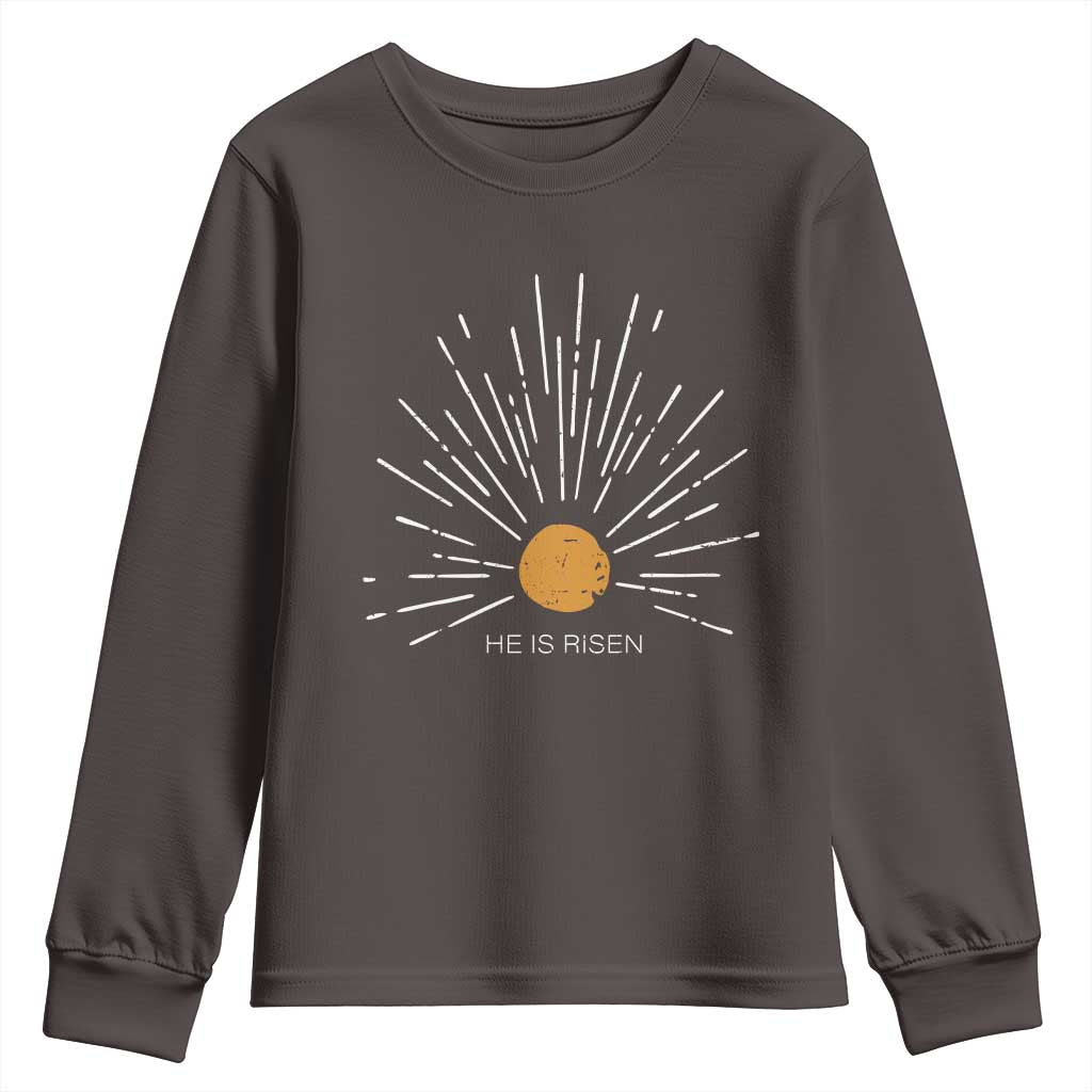 He Is Risen Youth Sweatshirt Sunburst Vintage Jesus Religious Easter Day Christians TS10 Dark Chocolate Print Your Wear
