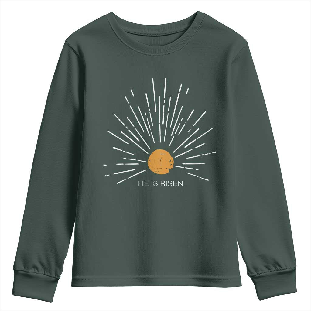 He Is Risen Youth Sweatshirt Sunburst Vintage Jesus Religious Easter Day Christians TS10 Dark Forest Green Print Your Wear