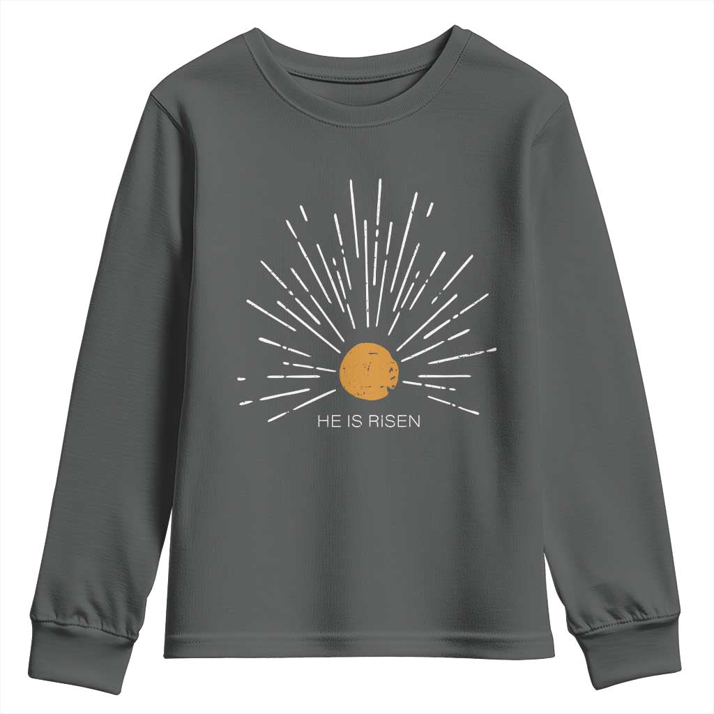 He Is Risen Youth Sweatshirt Sunburst Vintage Jesus Religious Easter Day Christians TS10 Dark Heather Print Your Wear