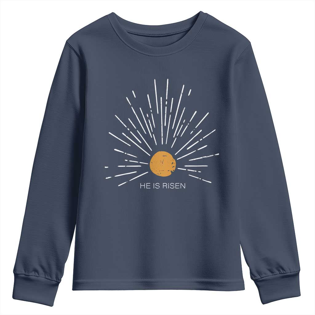 He Is Risen Youth Sweatshirt Sunburst Vintage Jesus Religious Easter Day Christians TS10 Navy Print Your Wear