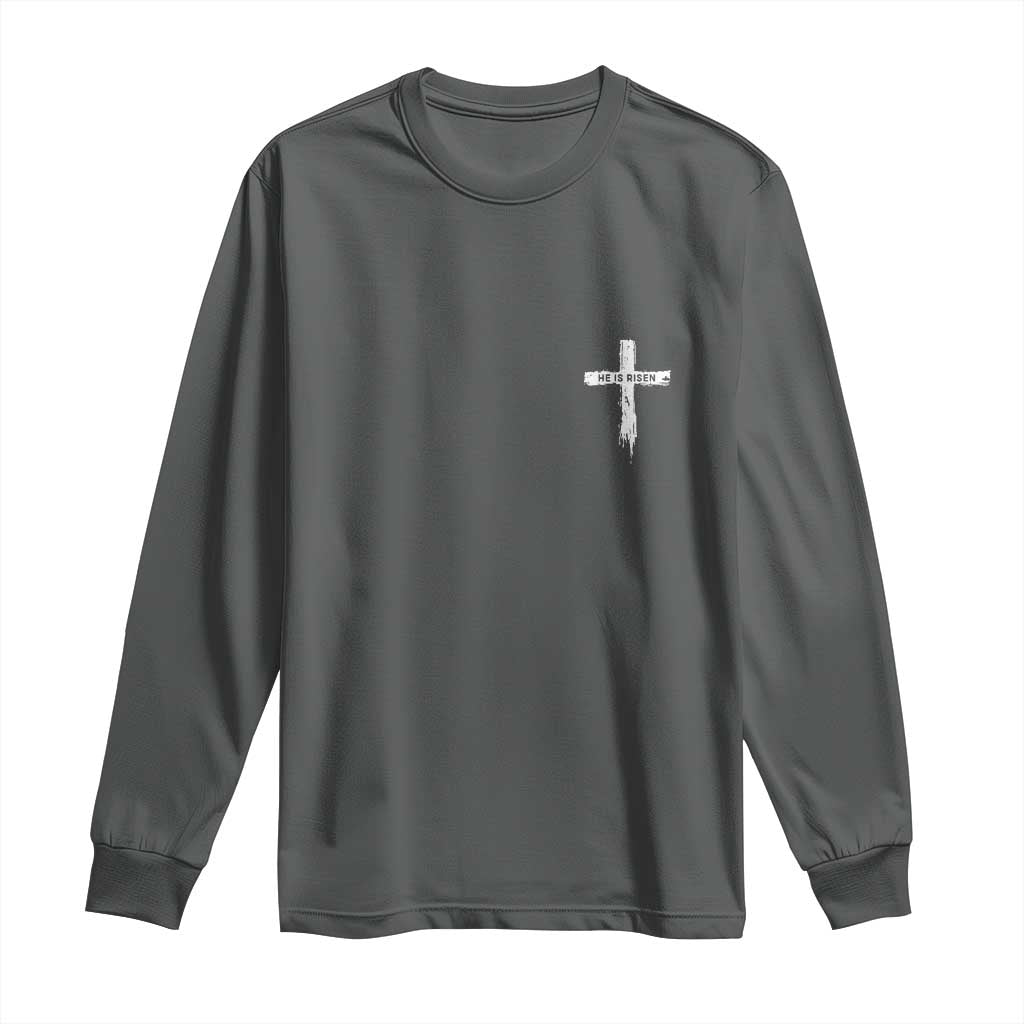 Easter Christian Cross Religious He Is Risen Long Sleeve Shirt TS10 Dark Heather Print Your Wear