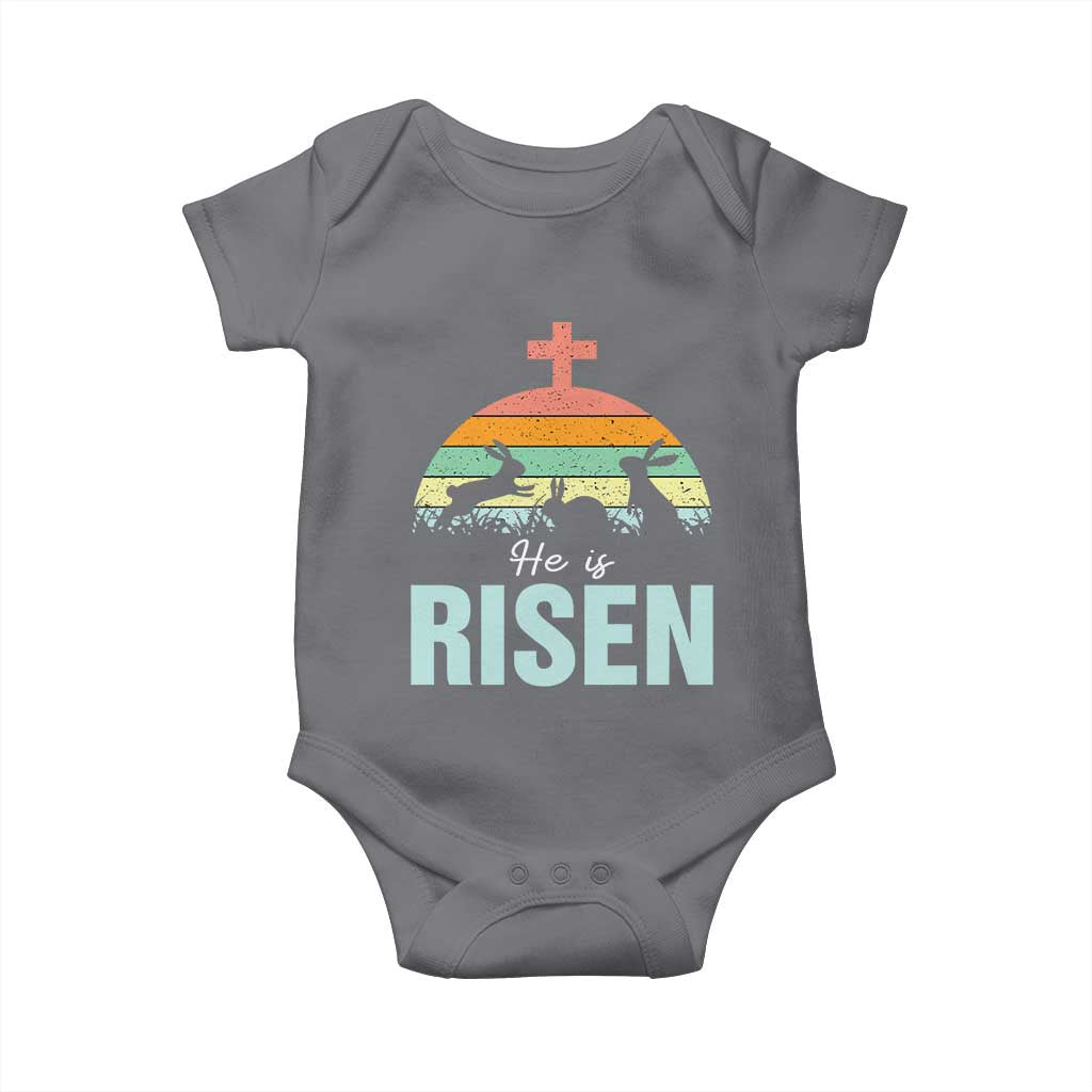 Retro He is Risen Baby Onesie Bunny Easter Cross Christian Religious Jesus Has Risen TS10 Charcoal Print Your Wear