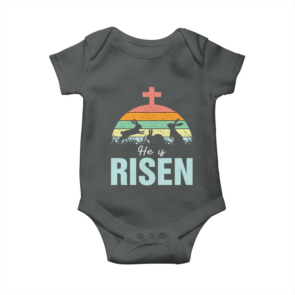 Retro He is Risen Baby Onesie Bunny Easter Cross Christian Religious Jesus Has Risen TS10 Dark Heather Print Your Wear
