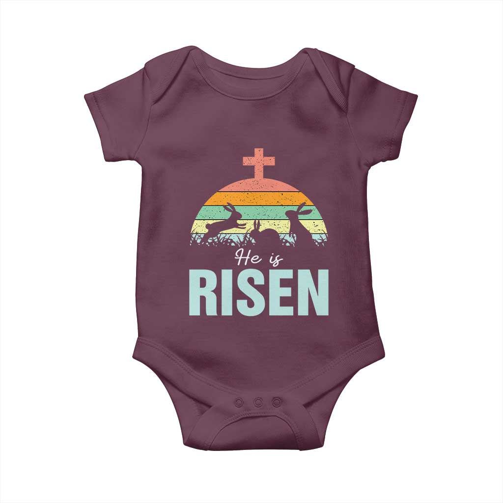 Retro He is Risen Baby Onesie Bunny Easter Cross Christian Religious Jesus Has Risen TS10 Maroon Print Your Wear