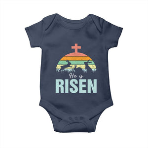 Retro He is Risen Baby Onesie Bunny Easter Cross Christian Religious Jesus Has Risen TS10 Navy Print Your Wear