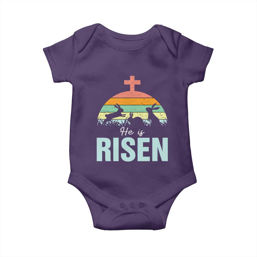Retro He is Risen Baby Onesie Bunny Easter Cross Christian Religious Jesus Has Risen TS10 Purple Print Your Wear