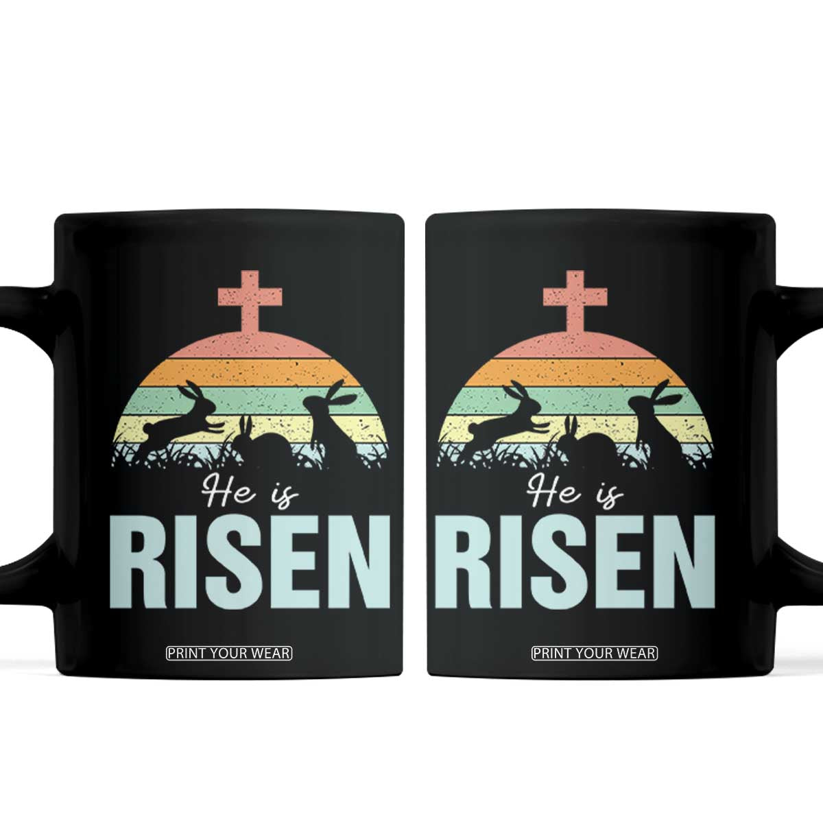 Retro He is Risen Coffee Mug Bunny Easter Cross Christian Religious Jesus Has Risen TS10 Black Print Your Wear