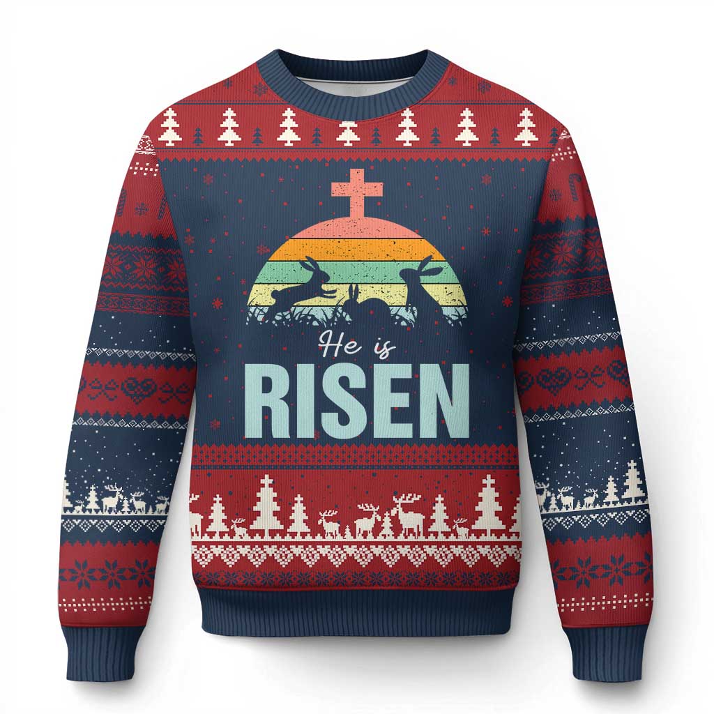 Retro He is Risen Ugly Christmas Sweater Bunny Easter Cross Christian Religious Jesus Has Risen TS10 Navy Red Print Your Wear