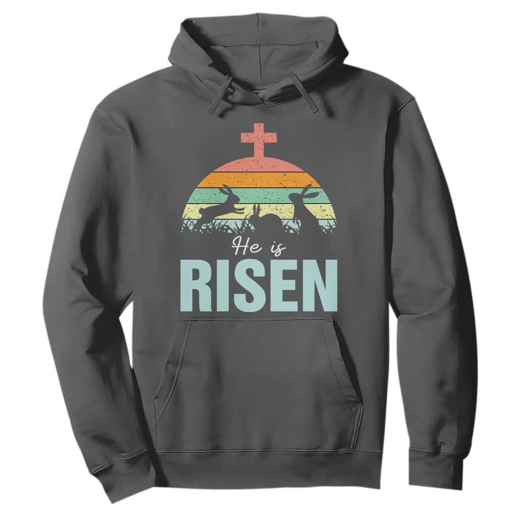 Retro He is Risen Hoodie Bunny Easter Cross Christian Religious Jesus Has Risen TS10 Dark Heather Print Your Wear