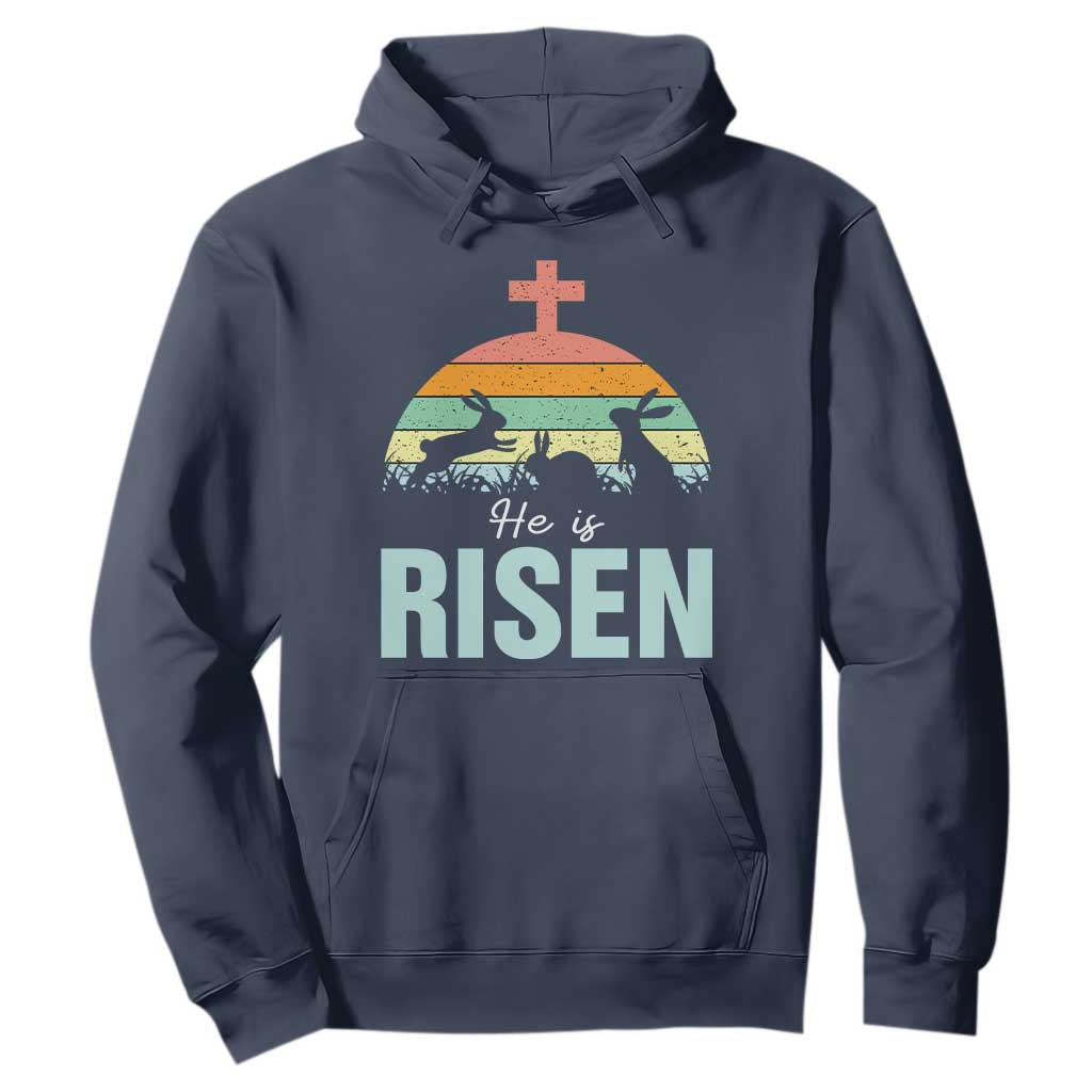 Retro He is Risen Hoodie Bunny Easter Cross Christian Religious Jesus Has Risen TS10 Navy Print Your Wear