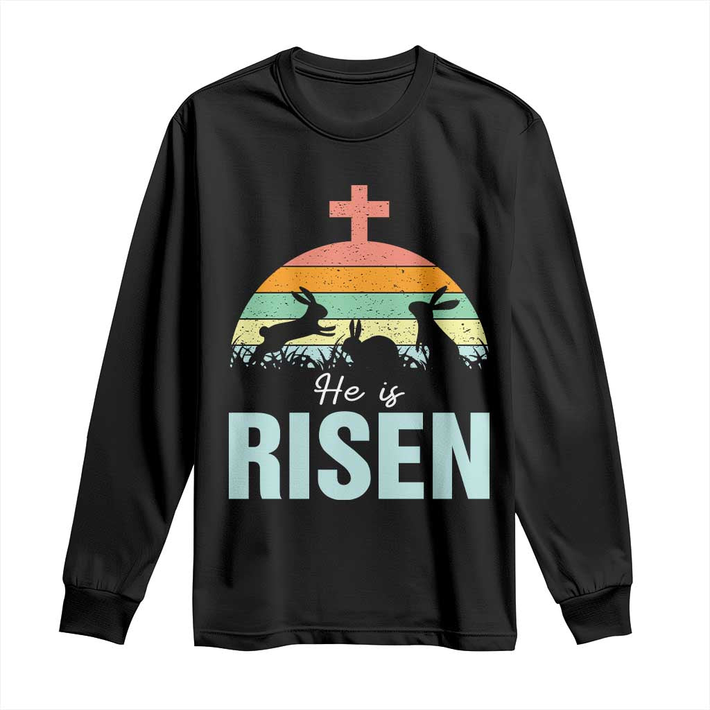 Retro He is Risen Long Sleeve Shirt Bunny Easter Cross Christian Religious Jesus Has Risen TS10 Black Print Your Wear