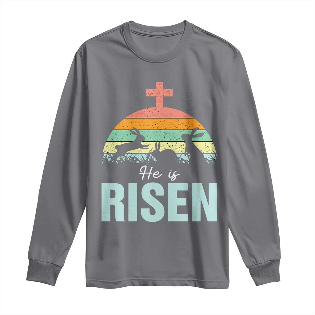 Retro He is Risen Long Sleeve Shirt Bunny Easter Cross Christian Religious Jesus Has Risen TS10 Charcoal Print Your Wear