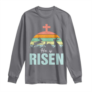 Retro He is Risen Long Sleeve Shirt Bunny Easter Cross Christian Religious Jesus Has Risen TS10 Charcoal Print Your Wear