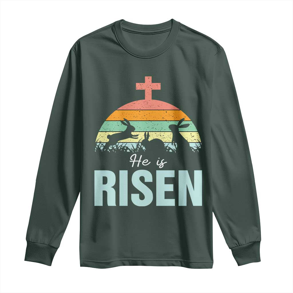 Retro He is Risen Long Sleeve Shirt Bunny Easter Cross Christian Religious Jesus Has Risen TS10 Dark Forest Green Print Your Wear