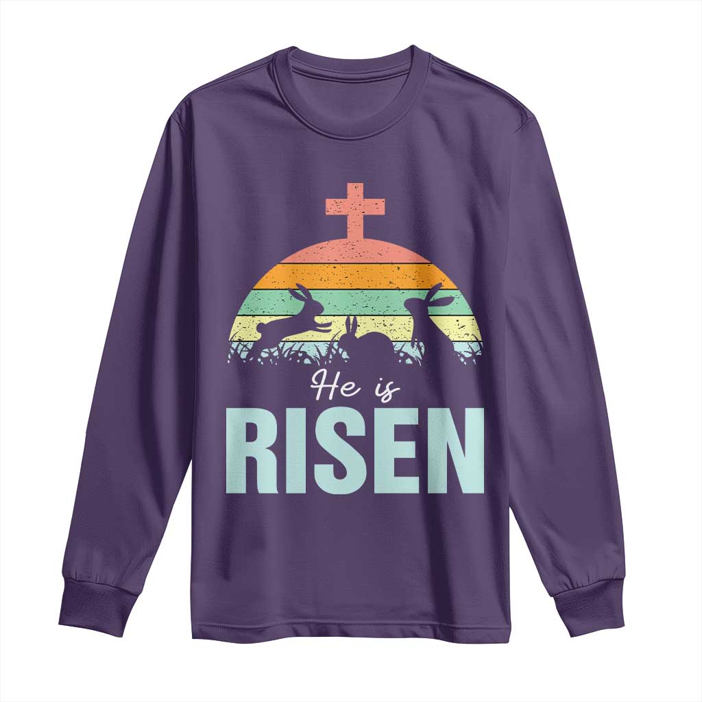 Retro He is Risen Long Sleeve Shirt Bunny Easter Cross Christian Religious Jesus Has Risen TS10 Purple Print Your Wear