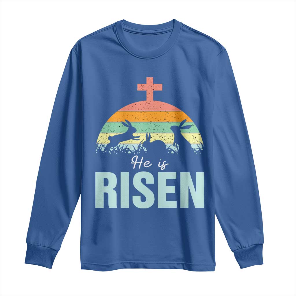 Retro He is Risen Long Sleeve Shirt Bunny Easter Cross Christian Religious Jesus Has Risen TS10 Royal Blue Print Your Wear