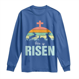 Retro He is Risen Long Sleeve Shirt Bunny Easter Cross Christian Religious Jesus Has Risen TS10 Royal Blue Print Your Wear