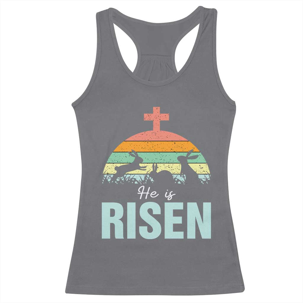 Retro He is Risen Racerback Tank Top Bunny Easter Cross Christian Religious Jesus Has Risen TS10 Charcoal Print Your Wear
