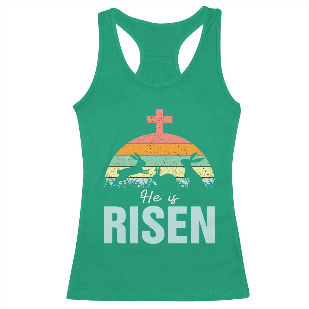 Retro He is Risen Racerback Tank Top Bunny Easter Cross Christian Religious Jesus Has Risen TS10 Irish Green Print Your Wear