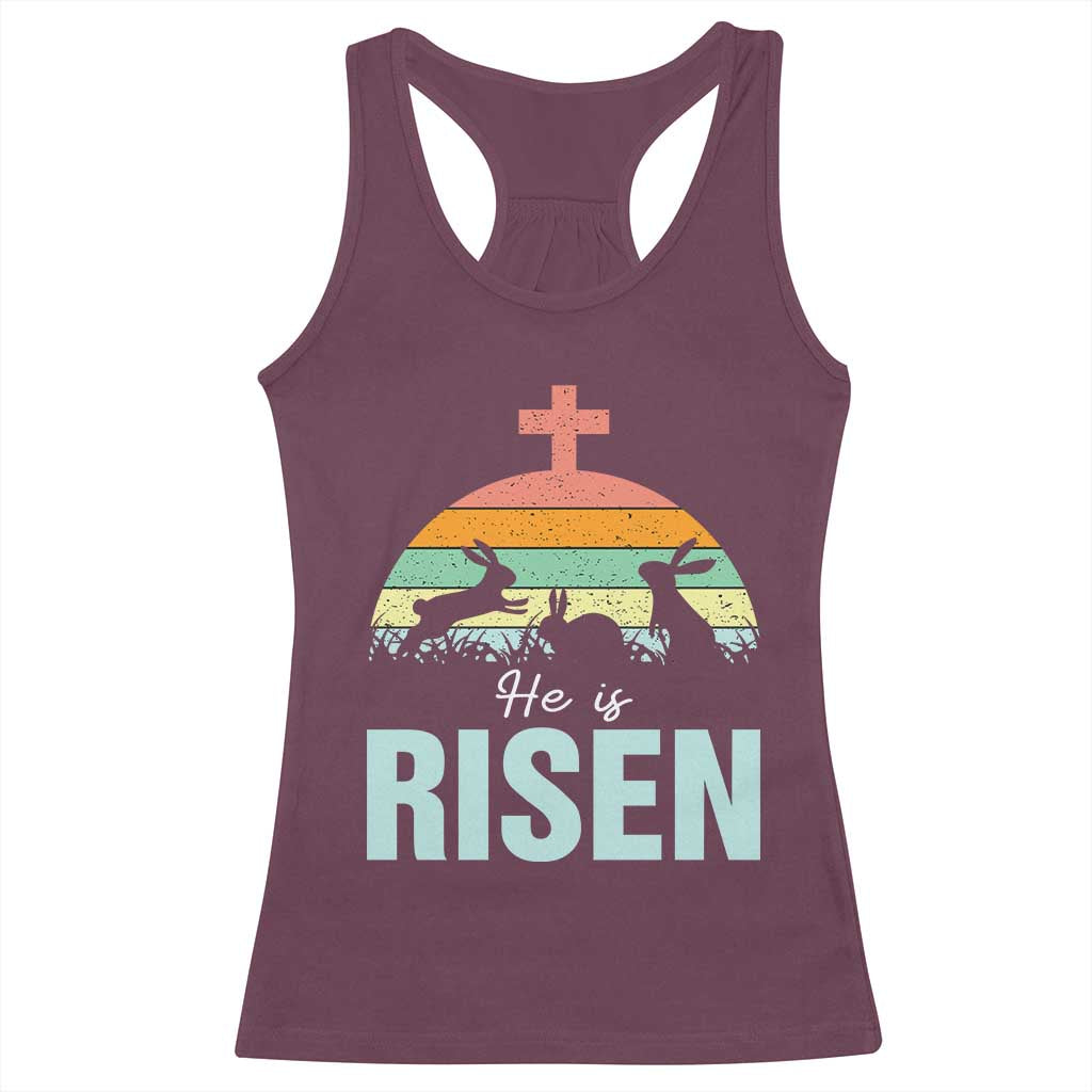 Retro He is Risen Racerback Tank Top Bunny Easter Cross Christian Religious Jesus Has Risen TS10 Maroon Print Your Wear
