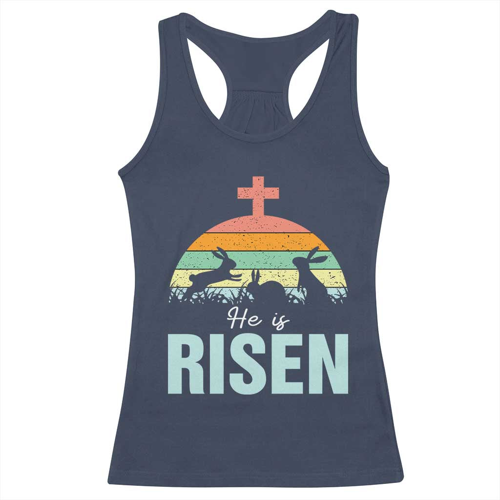 Retro He is Risen Racerback Tank Top Bunny Easter Cross Christian Religious Jesus Has Risen TS10 Navy Print Your Wear