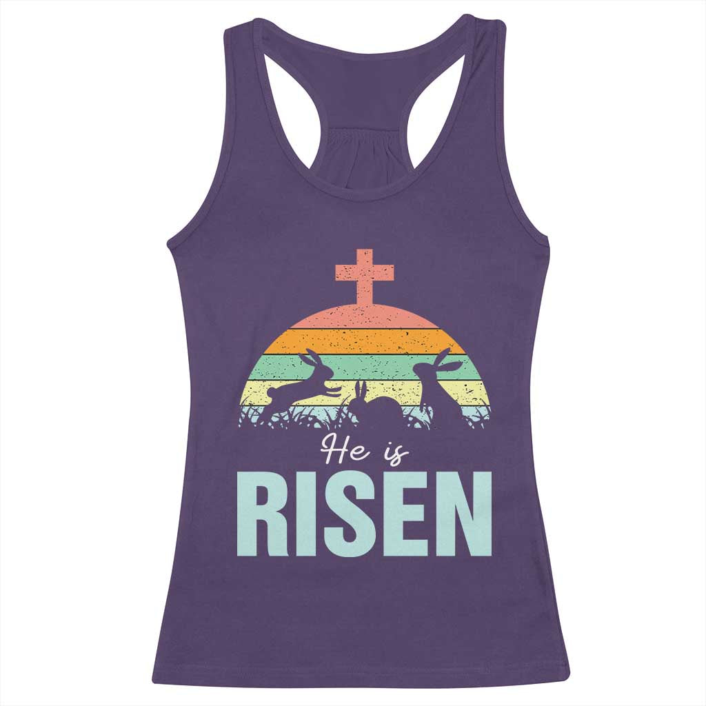 Retro He is Risen Racerback Tank Top Bunny Easter Cross Christian Religious Jesus Has Risen TS10 Purple Print Your Wear