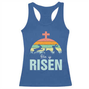 Retro He is Risen Racerback Tank Top Bunny Easter Cross Christian Religious Jesus Has Risen TS10 Royal Blue Print Your Wear