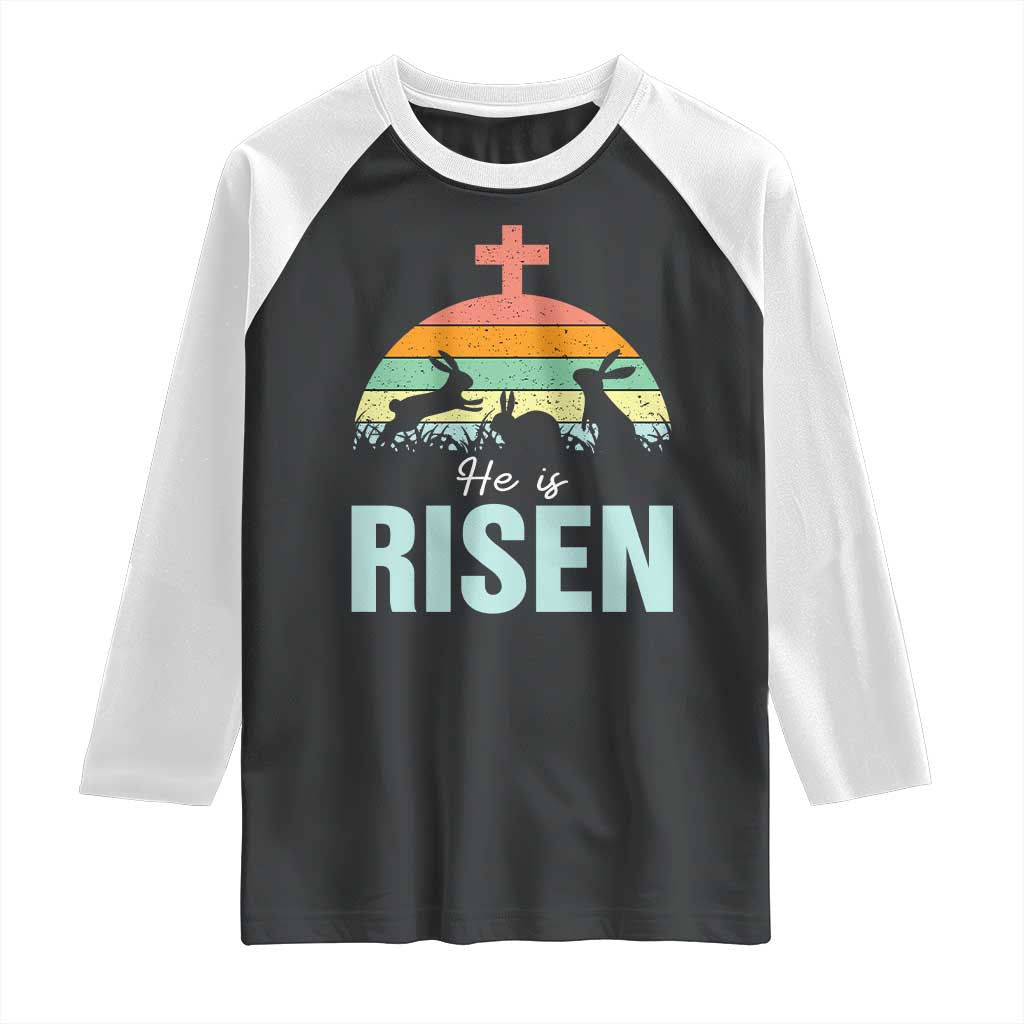 Retro He is Risen Raglan Shirt Bunny Easter Cross Christian Religious Jesus Has Risen TS10 Black White Print Your Wear