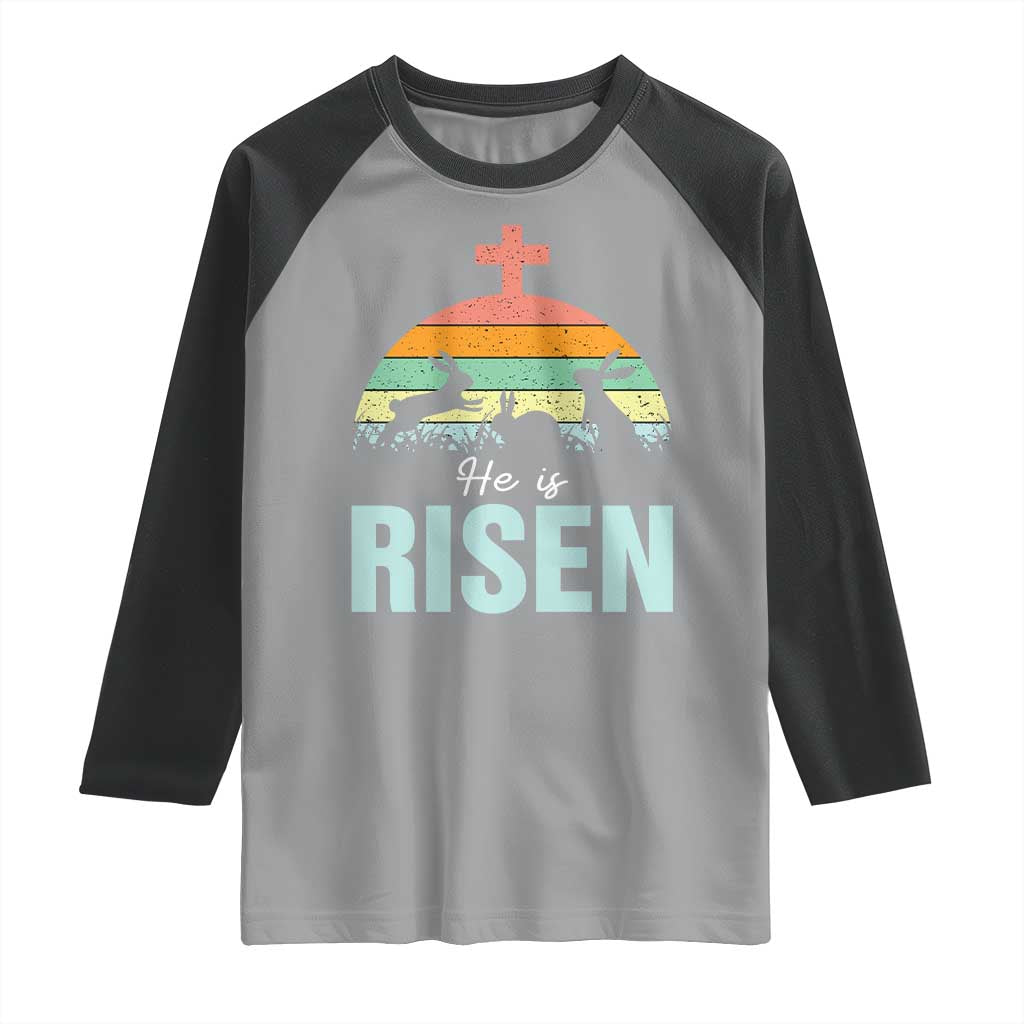Retro He is Risen Raglan Shirt Bunny Easter Cross Christian Religious Jesus Has Risen TS10 Sport Gray Black Print Your Wear