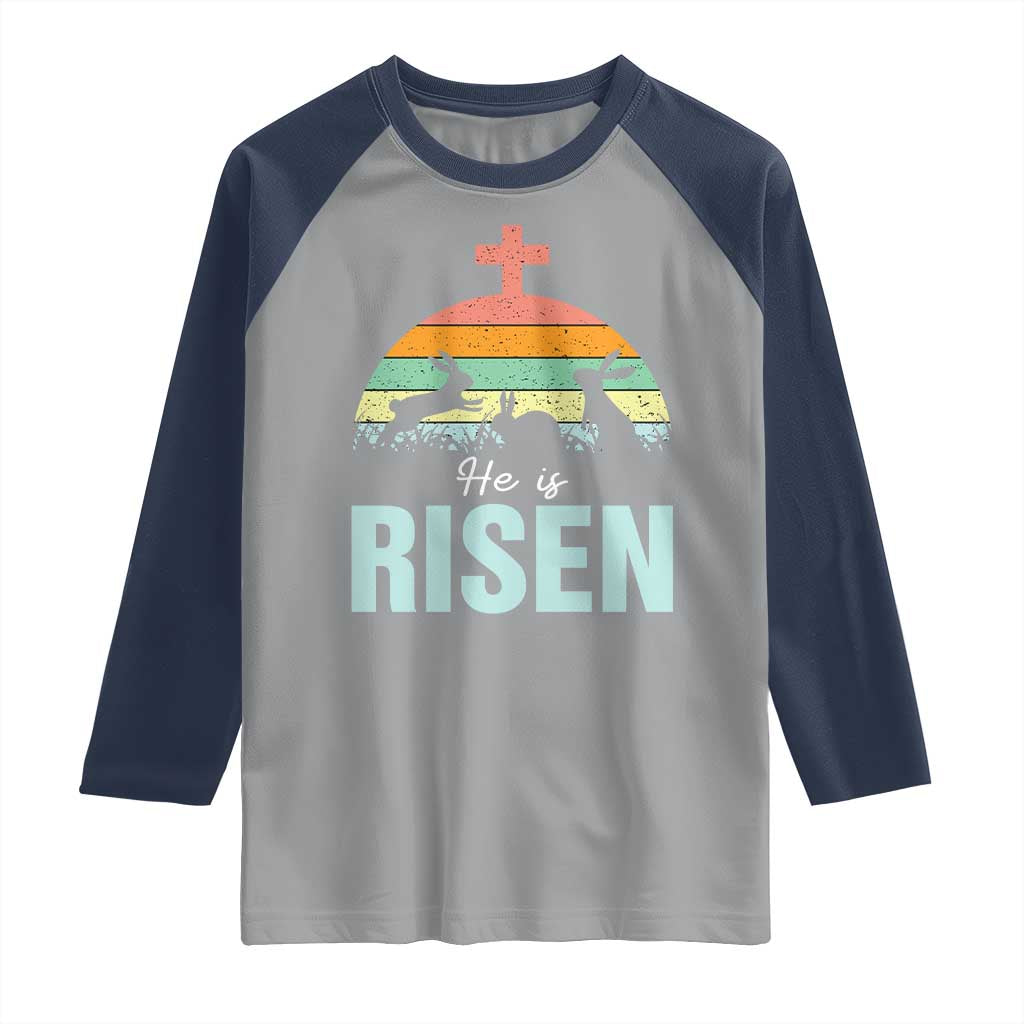 Retro He is Risen Raglan Shirt Bunny Easter Cross Christian Religious Jesus Has Risen TS10 Sport Gray Navy Print Your Wear