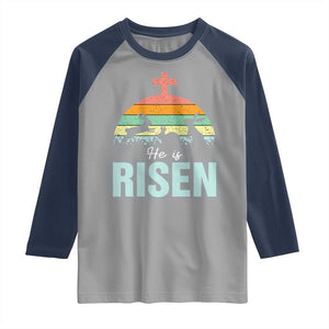 Retro He is Risen Raglan Shirt Bunny Easter Cross Christian Religious Jesus Has Risen TS10 Sport Gray Navy Print Your Wear