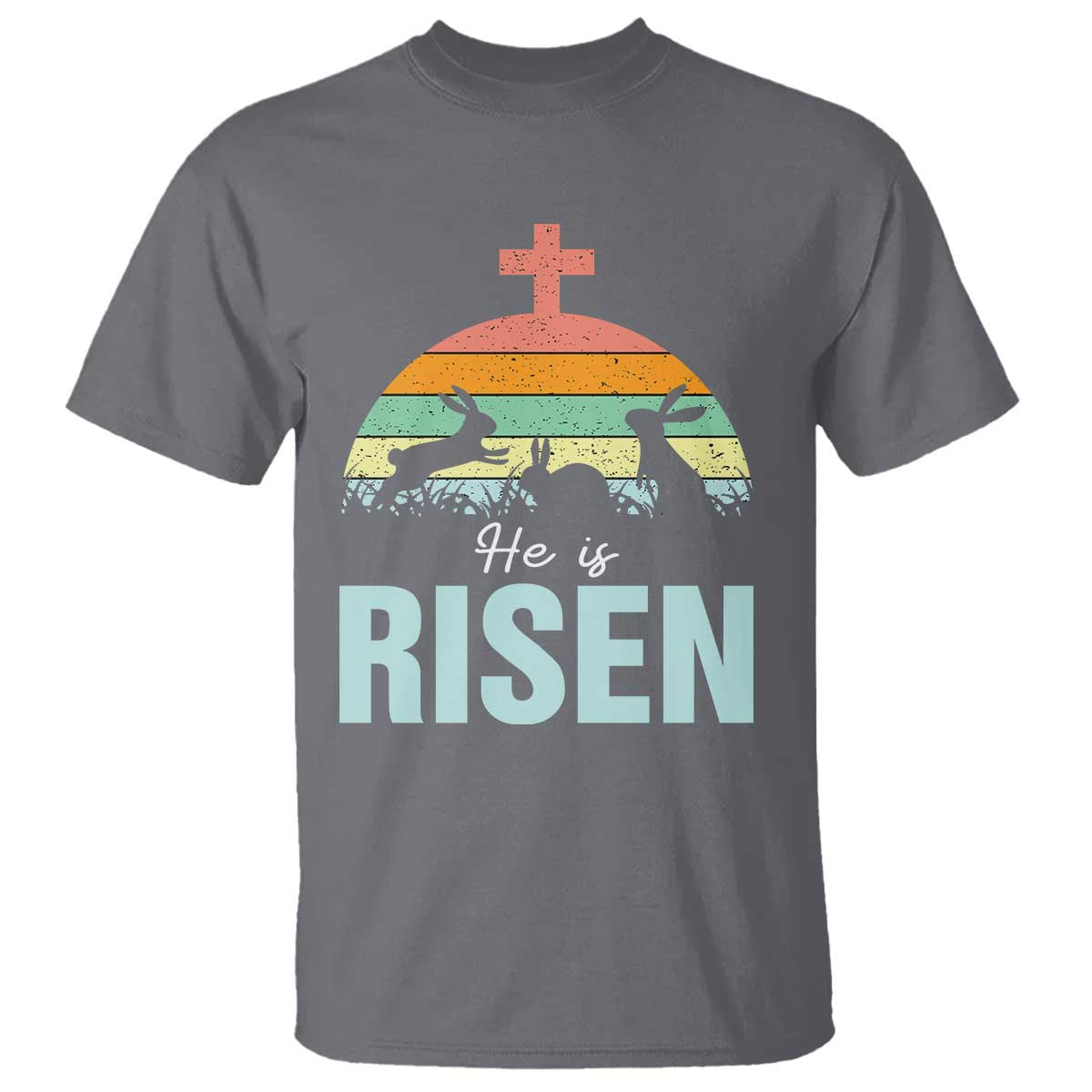 Retro He is Risen T Shirt Bunny Easter Cross Christian Religious Jesus Has Risen TS10 Charcoal Print Your Wear