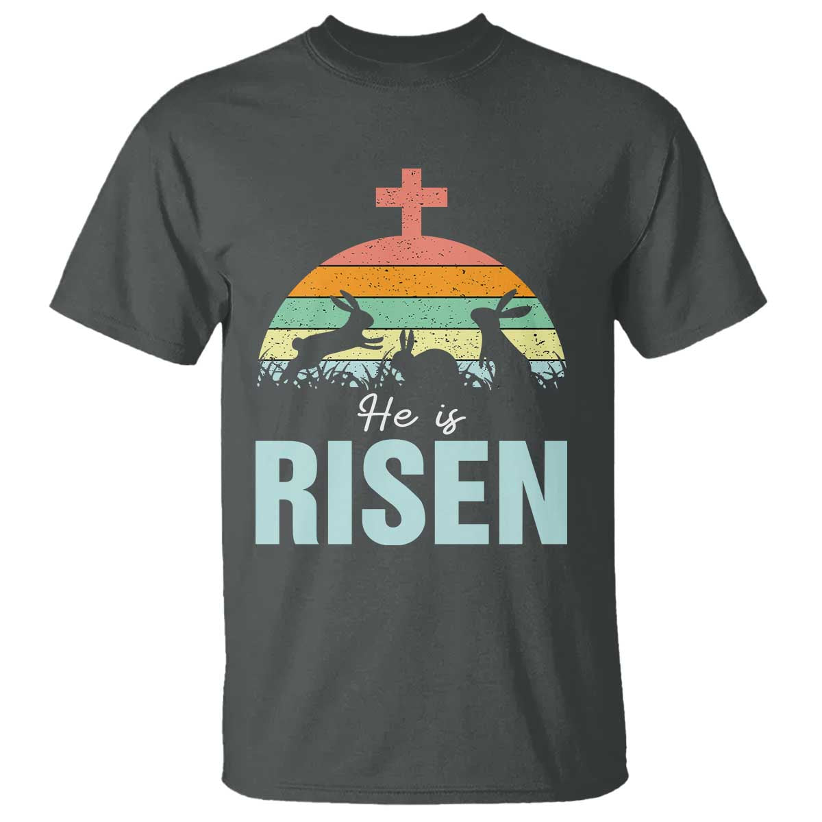 Retro He is Risen T Shirt Bunny Easter Cross Christian Religious Jesus Has Risen TS10 Dark Heather Print Your Wear
