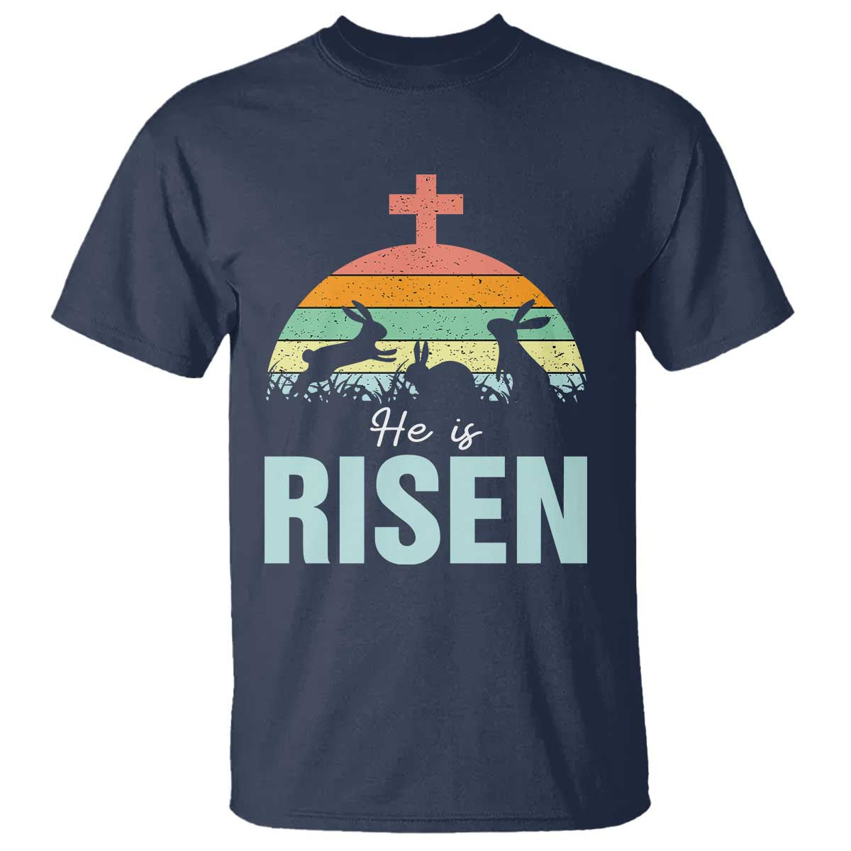 Retro He is Risen T Shirt Bunny Easter Cross Christian Religious Jesus Has Risen TS10 Navy Print Your Wear