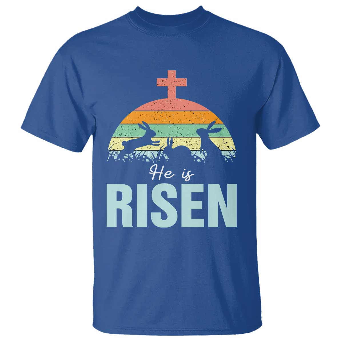 Retro He is Risen T Shirt Bunny Easter Cross Christian Religious Jesus Has Risen TS10 Royal Blue Print Your Wear