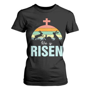 Retro He is Risen T Shirt For Women Bunny Easter Cross Christian Religious Jesus Has Risen TS10 Black Print Your Wear
