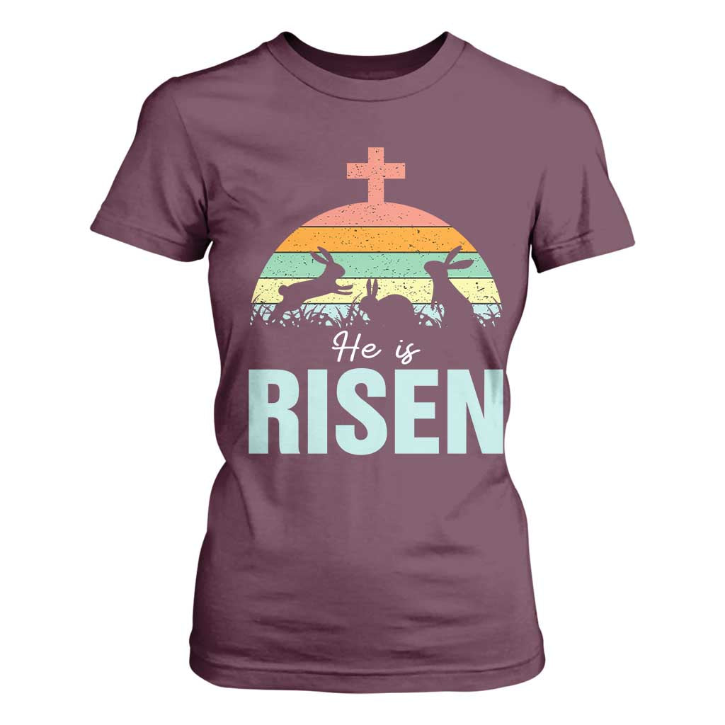 Retro He is Risen T Shirt For Women Bunny Easter Cross Christian Religious Jesus Has Risen TS10 Maroon Print Your Wear