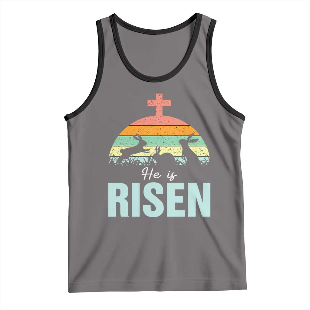 Retro He is Risen Tank Top Bunny Easter Cross Christian Religious Jesus Has Risen TS10 Deep Heather Black Print Your Wear