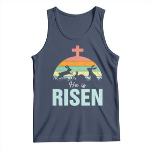 Retro He is Risen Tank Top Bunny Easter Cross Christian Religious Jesus Has Risen TS10 Navy Print Your Wear
