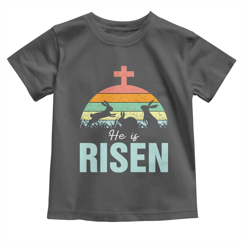 Retro He is Risen Toddler T Shirt Bunny Easter Cross Christian Religious Jesus Has Risen TS10 Dark Heather Print Your Wear