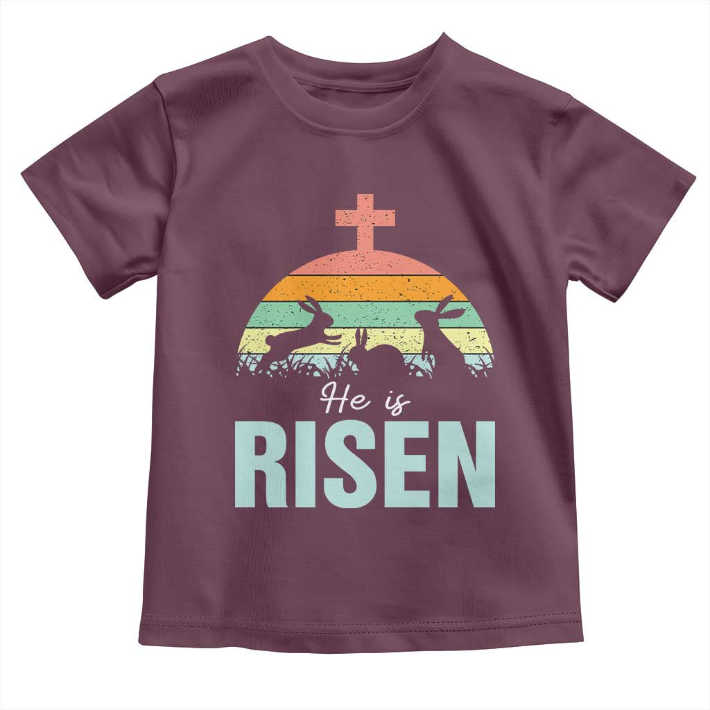 Retro He is Risen Toddler T Shirt Bunny Easter Cross Christian Religious Jesus Has Risen TS10 Maroon Print Your Wear