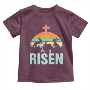 Retro He is Risen Toddler T Shirt Bunny Easter Cross Christian Religious Jesus Has Risen TS10 Maroon Print Your Wear