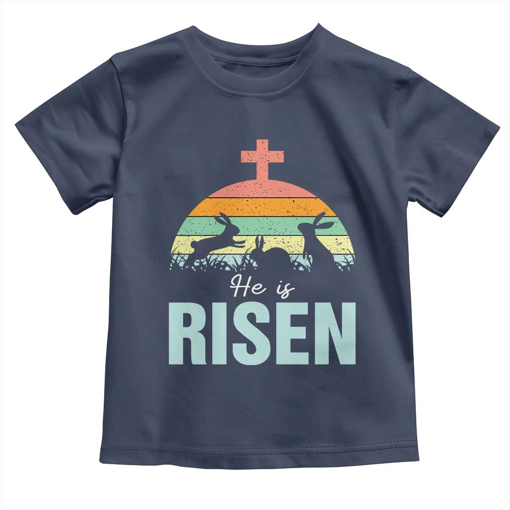 Retro He is Risen Toddler T Shirt Bunny Easter Cross Christian Religious Jesus Has Risen TS10 Navy Print Your Wear