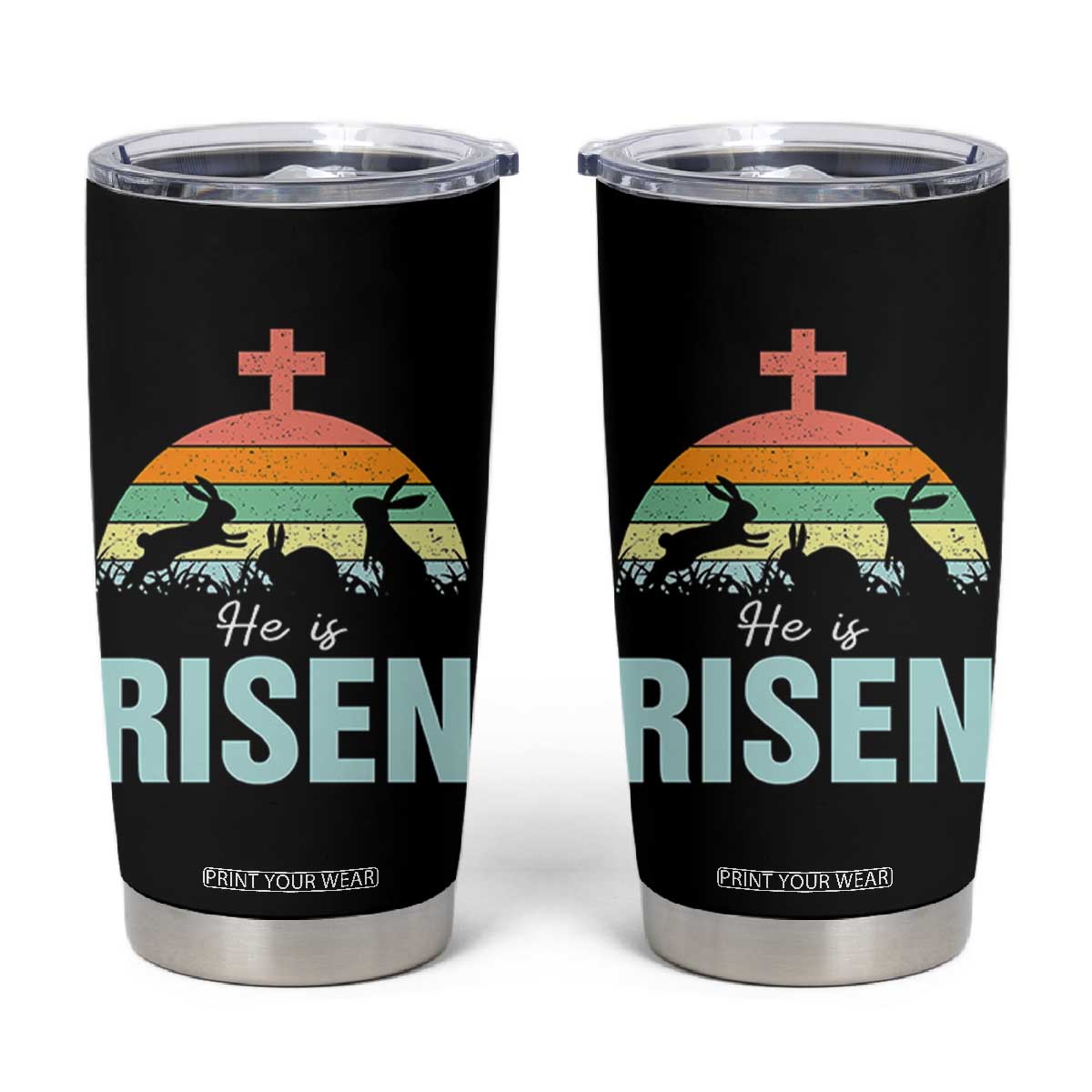 Retro He is Risen Tumbler Cup Bunny Easter Cross Christian Religious Jesus Has Risen TS10 Black Print Your Wear