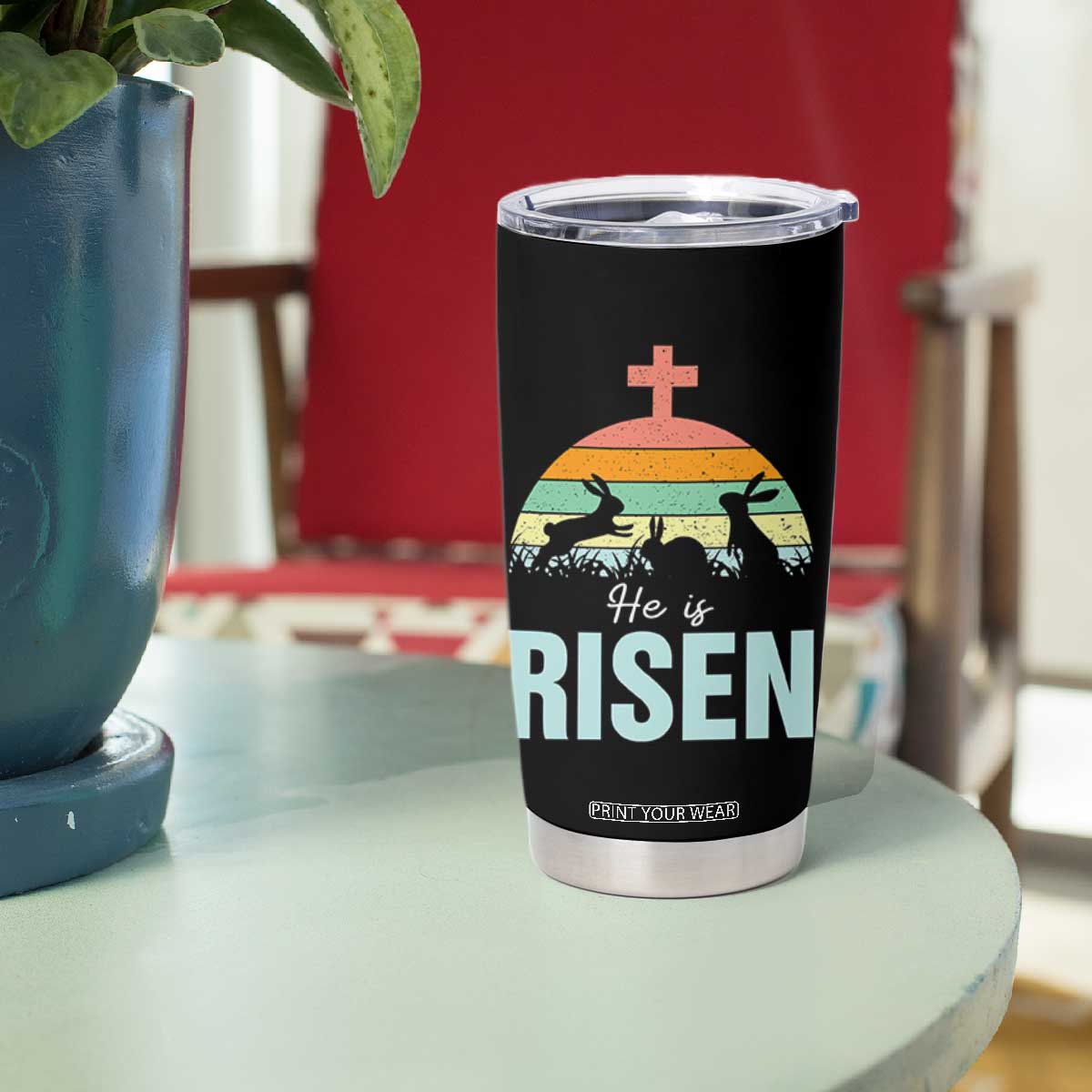Retro He is Risen Tumbler Cup Bunny Easter Cross Christian Religious Jesus Has Risen TS10 Print Your Wear