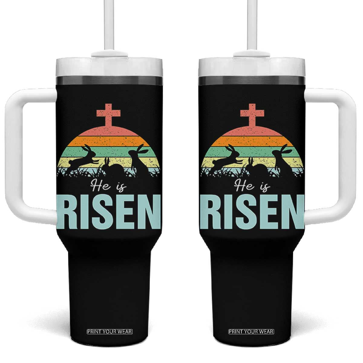 Retro He is Risen Tumbler With Handle Bunny Easter Cross Christian Religious Jesus Has Risen TS10 One Size: 40 oz Black Print Your Wear