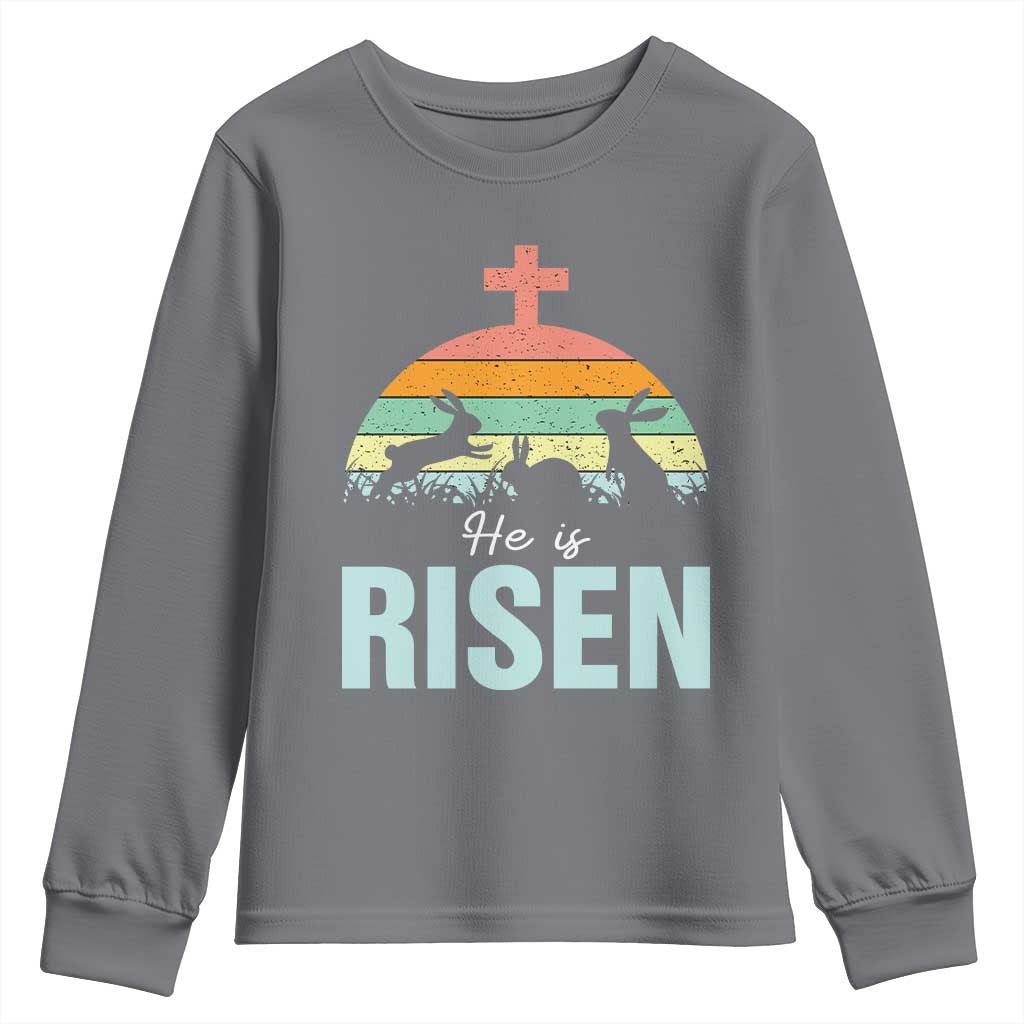 Retro He is Risen Youth Sweatshirt Bunny Easter Cross Christian Religious Jesus Has Risen TS10 Charcoal Print Your Wear